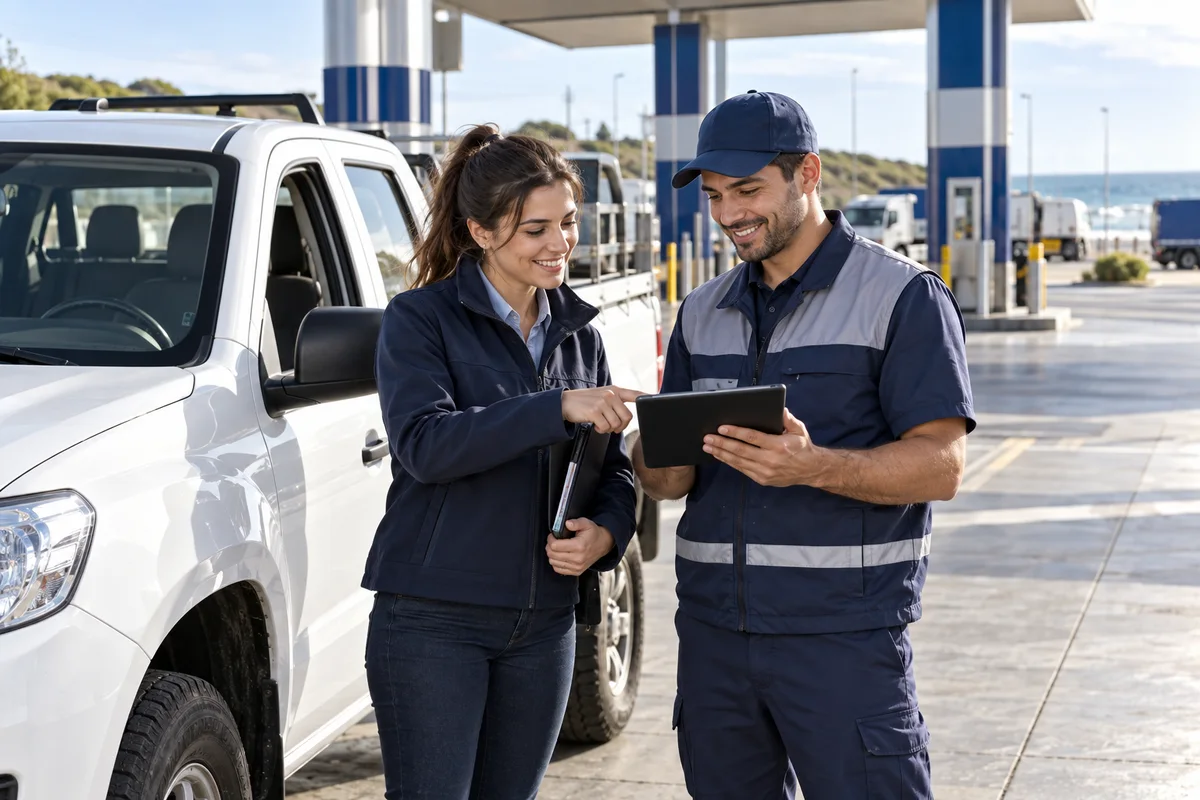 Coordinación de una carga de combustible entre responsable de flota y personal de estación. Escena ilustrativa creada para Kunjuk.